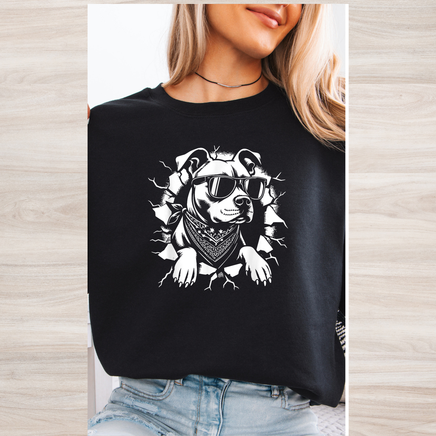 Peeking pitbull with sunglasses crewneck