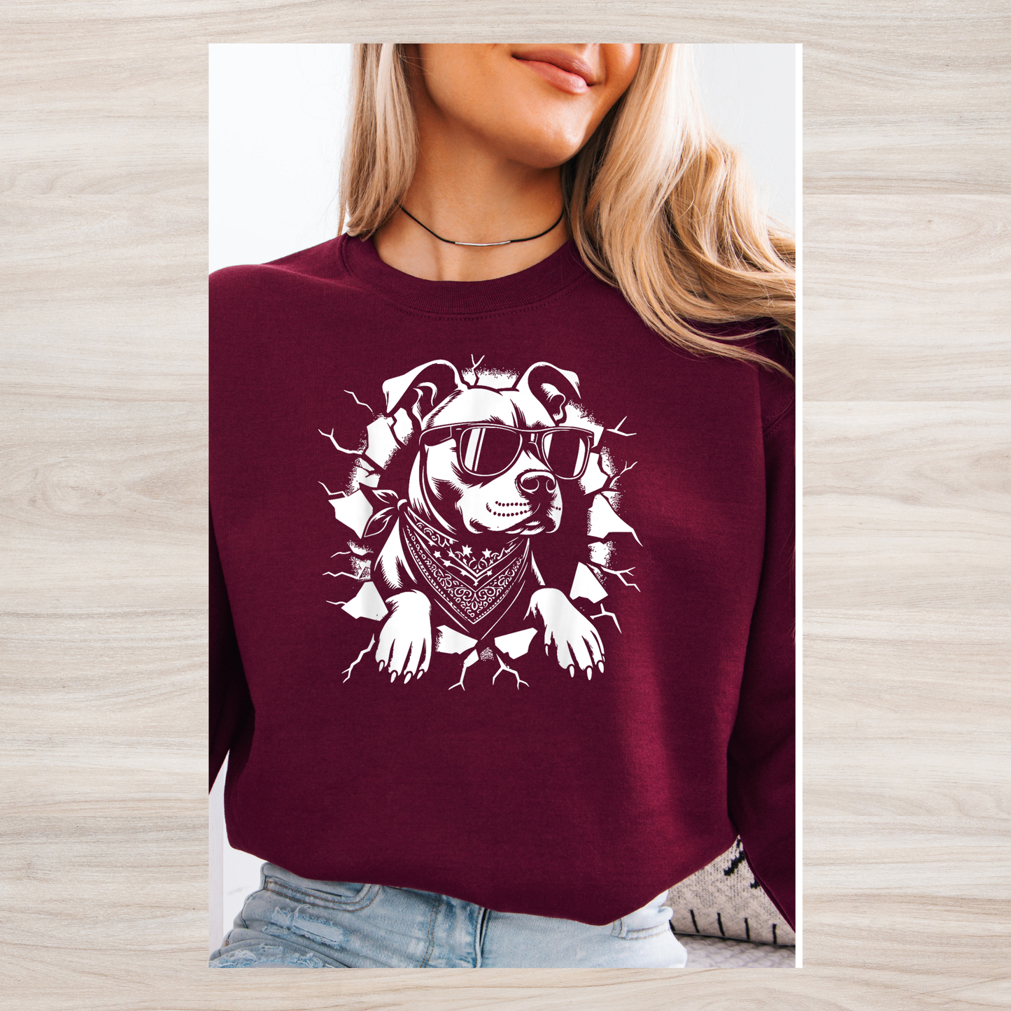 Peeking pitbull with sunglasses crewneck