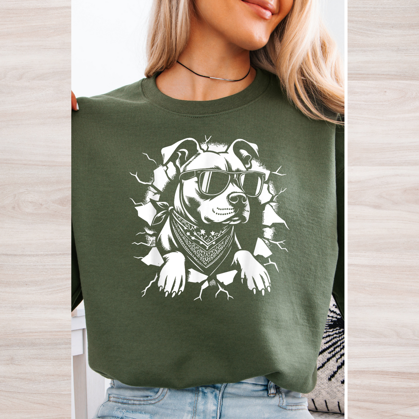 Peeking pitbull with sunglasses crewneck