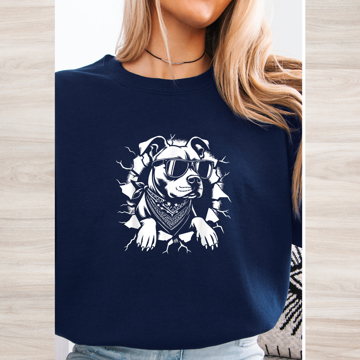 Peeking pitbull with sunglasses crewneck