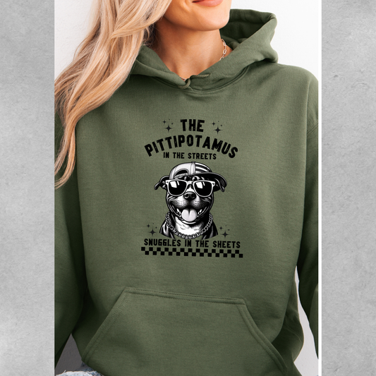 The Pittipotamus snuggles in the sheets hoodie