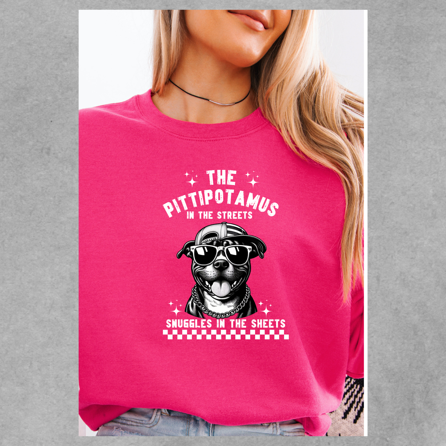 The pittipotamus snuggles in the sheets crewneck
